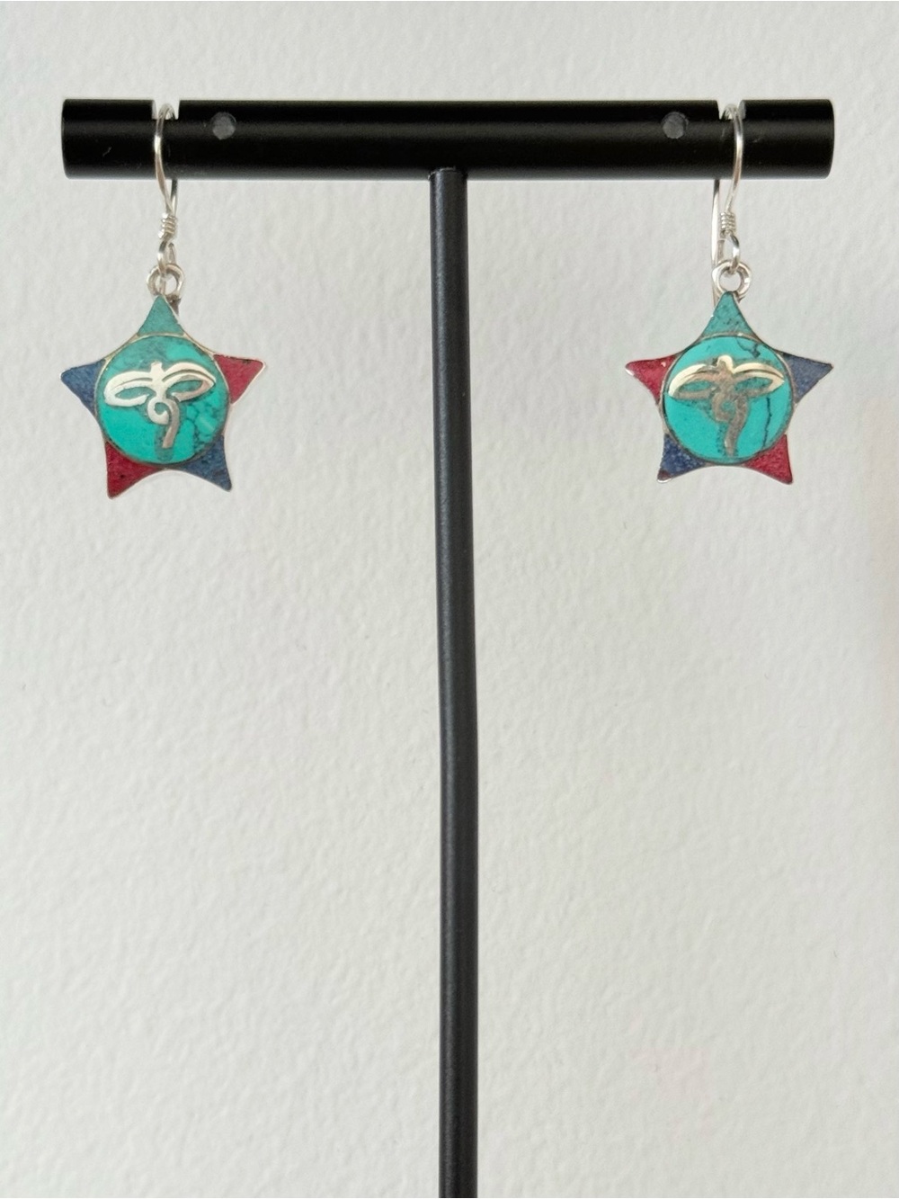 925 Sterling Silver Tibetan Buddha Eye Star Inlay Dangle Earrings